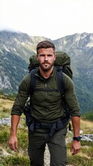 A man wearing a green jacket and backpack is walking on a mountain trail