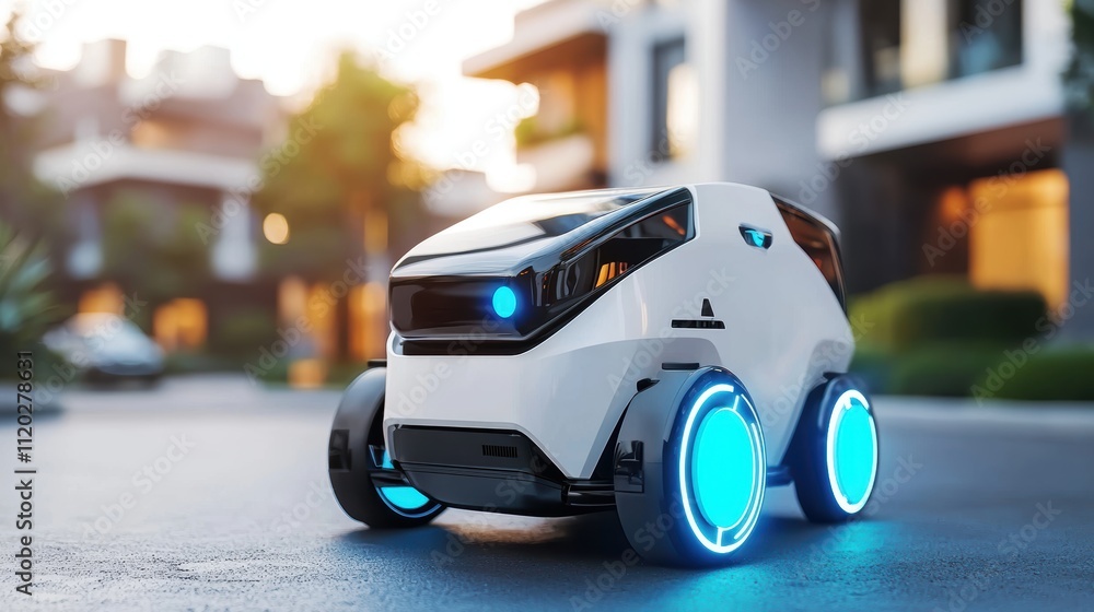Poster high-tech robot assisting with package delivery in urban environment automation technology concept