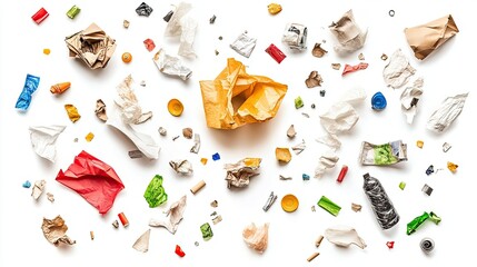 Fototapeta premium A scattered collection of garbage, including paper and wrappers, isolated on a pristine white background for eco-conscious themes.