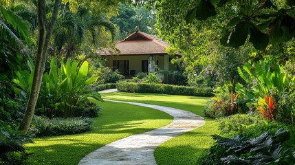 Obraz premium A serene garden path winding through lush greenery towards a tranquil house.