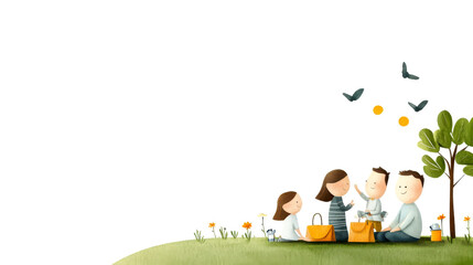 A cheerful family enjoys a picnic in a sunny park, surrounded by nature, with baskets, flowers, and birds overhead.