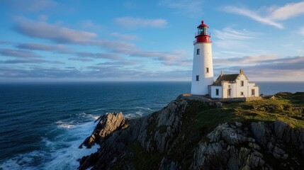A lighthouse is on a rocky cliff overlooking the ocean