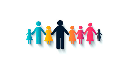 A colorful group of stylized human figures representing family and community, showcasing diversity and unity.