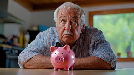 Saving money concept. An elderly man thoughtfully stares at a piggy bank, reflecting on savings and financial decisions.