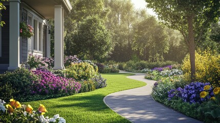 Obraz premium A serene garden pathway surrounded by vibrant flowers and lush greenery in soft sunlight.