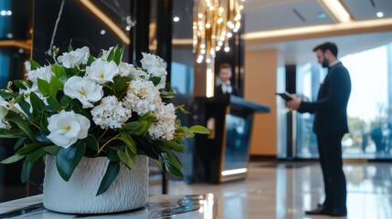 Assisting guests with check-in luxury hotel lobby hospitality service excellence elegant decor concierge experience