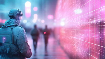 Fototapeta premium Ceasefire and truce lead to a peace agreement, fostering conflict resolution. Futuristic Soldier in Urban Environment with Neon Lights and Data Visuals
