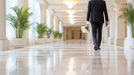 Fototapeta premium Elegant hotel lobby with a courier showcasing luxury and service by carrying white roses