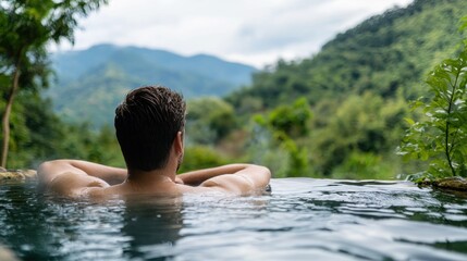 Fototapeta premium Serene wellness retreat man relaxing in hot spring amidst nature’s beauty