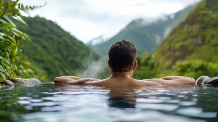 Fototapeta premium Serene mountain wellness retreat a man's journey to ultimate relaxation in nature