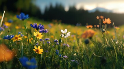 Fototapeta premium A field of flowers with a blue and yellow flower in the middle