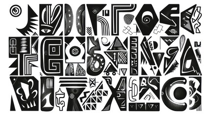 Abstract black and white graphic design with geometric shapes and symbols.