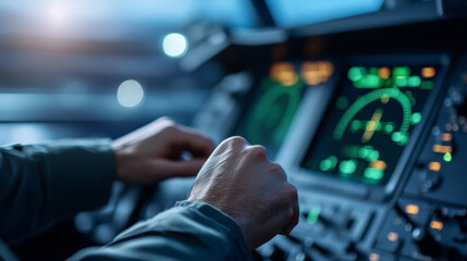 Close-up of pilot hands interacting with navigation screen in modern aircraft cockpit, showcasing advanced technology and flight control