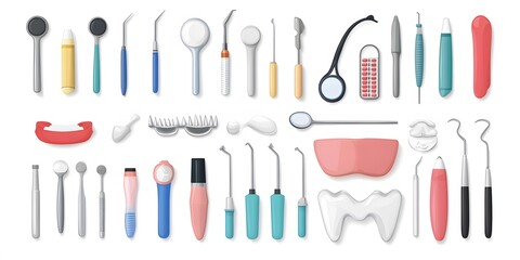 Theme: Teeth, Dentist, Dental Material, Icon Set, Shapes, Objects, Colorful, on White Background, Abstract Image, Texture, Pattern Background, Wallpaper, Cover and Screen of Smartphone, PC, Laptop,