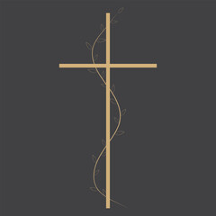 Church gold cross with leaves. Death and funerals illustration.