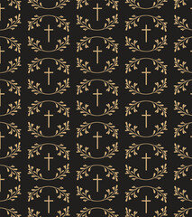 Funeral pattern. seamless pattern with church cross. Gold cross in black background. Death and funerals.