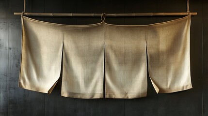 Japanese Traditional Beige Noren Curtain Hanging on Dark Wall