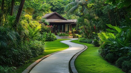 A serene pathway leads to a charming house surrounded by lush greenery and tropical plants.