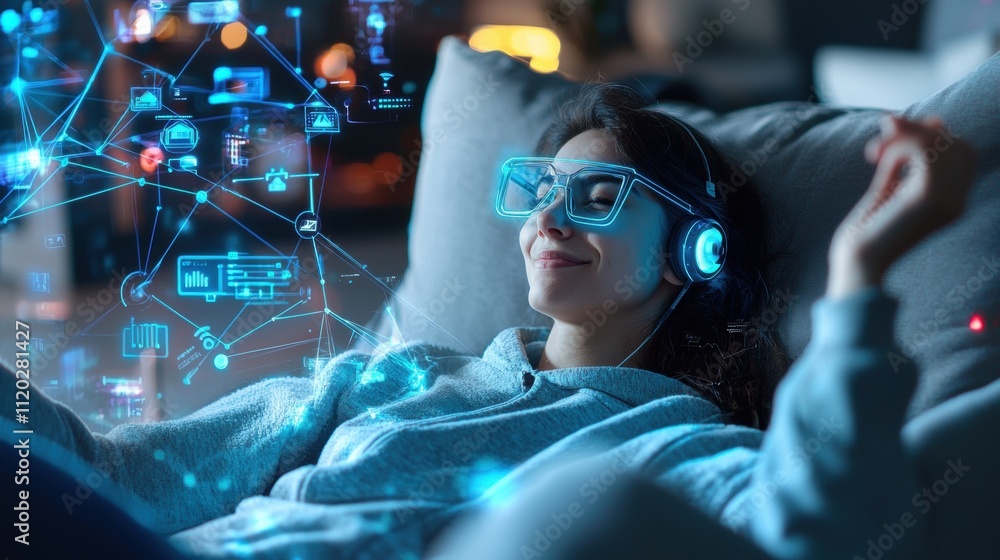 Poster controlling comforta person relaxing in a smart home voice commands energy efficiency and reducing u