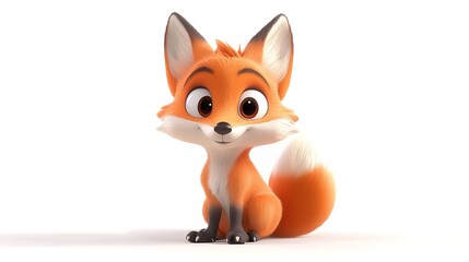 A cute, cartoon-style fox character with bright orange fur, large eyes, and a bushy tail, sitting playfully against a white background.