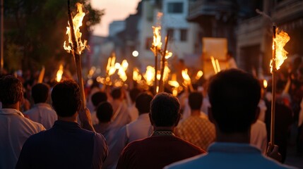 A crowd of people holding torches and waving them in the air