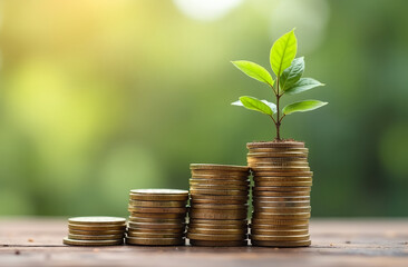 Savings growth concept. A small stack of coins gradually increasing in height, with a sapling growing on top  symbolizing financial growth.