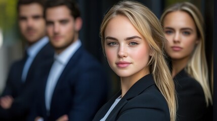 A woman with blonde hair stands between two men in suits