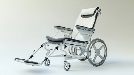 A white and tan hospital chair with wheels