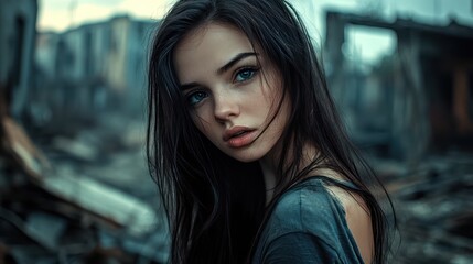 Obraz premium Close up of a young woman with long black hair looking at the camera, destroyed building in the background. Ai generated image