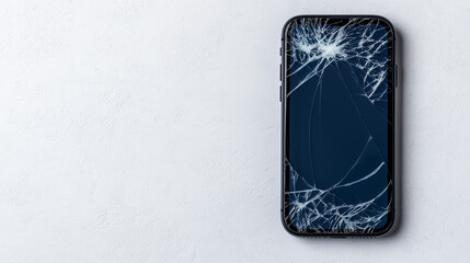 A smartphone with a severely cracked and shattered screen, lying on a plain background, indicating significant damage.