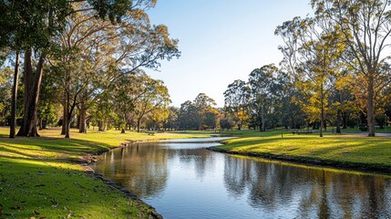 Serene Park Landscape: Tranquil Creek Reflecting Sunlight