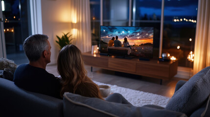 A man and woman are watching television together in a living room