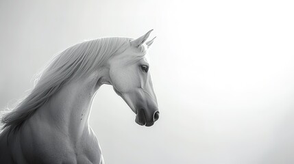 A majestic white horse's profile is elegantly captured against a soft, light background, highlighting its grace and beauty.