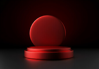 Minimalistic red pedestal with circular backdrop for product display on dark background perfect 