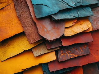 Colorful leather textures, leather scraps, various colors and textures, close-up, workshop setting
