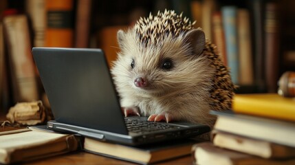 Cute hedgehog using laptop on books.