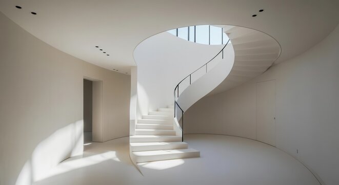 Modern white spiral staircase in minimalist interior
