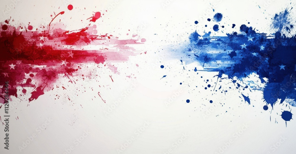 Poster an american flag background with white space for text, a red and blue color scheme, a white backgrou