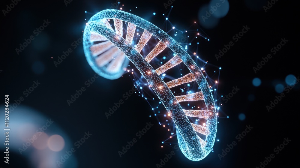 Poster 3d representation of dna strand with glowing particles.