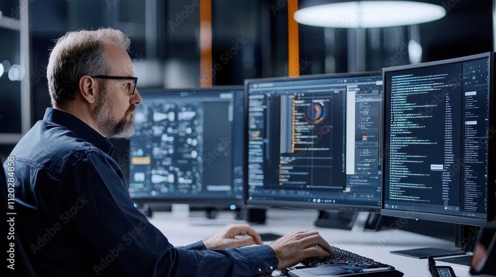 Poster coding a new app workstation software development tech environment side view innovation and technolo