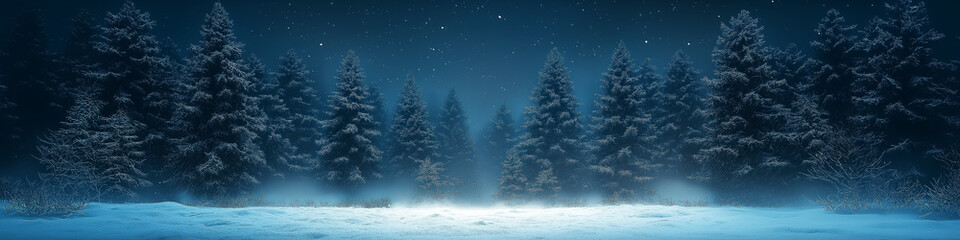 Serene winter forest landscape with snow-covered pine trees under a starry night sky, ideal for wall art, posters, and seasonal decorations for winter holidays.