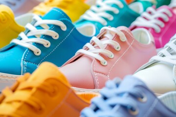 A row of trendy sneakers in different colors in a store shop. Modern Footwear Trends. Stylish Converse shoes. Sports and casual clothing style. Summer, spring fashion. Fitness, Running sport. Shopping