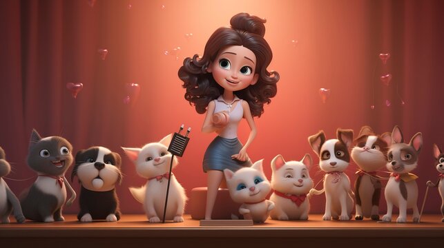 A photo of a 3D character organizing a pet talent show