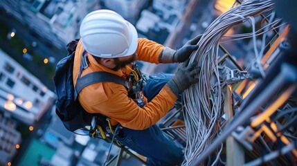 Telecommunication technician fixing fiber optic cables for enhanced city internet connectivity