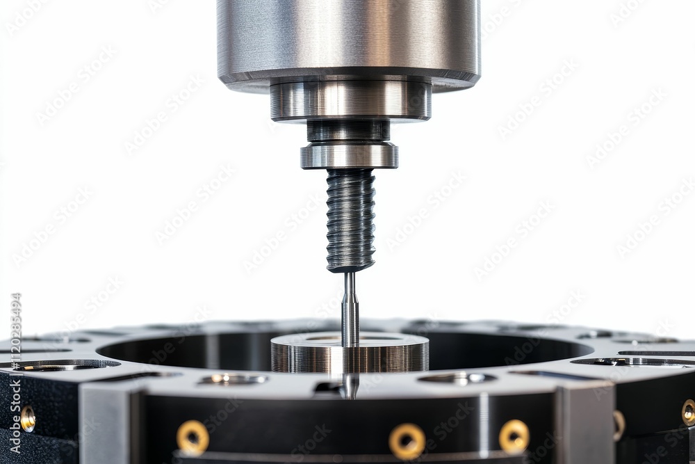 Poster precision machining tool descends on circular workpiece.
