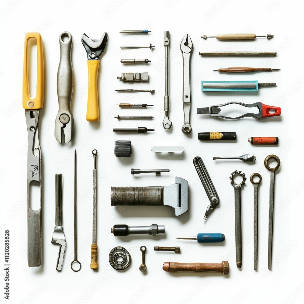 Poster assorted tools arranged neatly on white background.