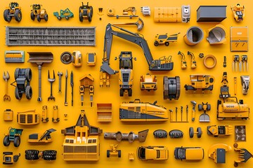 A Vibrant Collection of Construction Vehicles and Tools on a Yellow Background