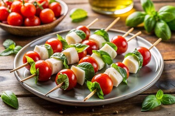 Fresh Caprese skewers with cherry tomatoes, mozzarella, and basil.