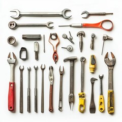 Assorted tools arranged on white background.