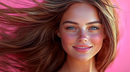 Fototapeta premium Portrait of a smiling brunette woman with natural makeup with luscious, long hair in motion, her face showing a gentle smile while her hair flutters around her.